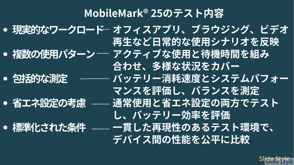 MobileMark® 25のテスト内容 緑